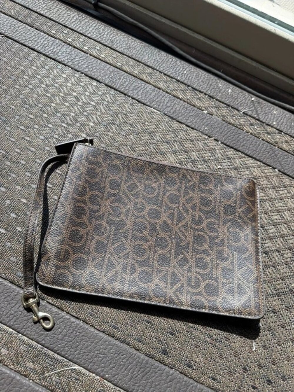 Calvin Klein Brown Monogram Logo Slim Clutch Wristlet Makeup Bag Women's OS